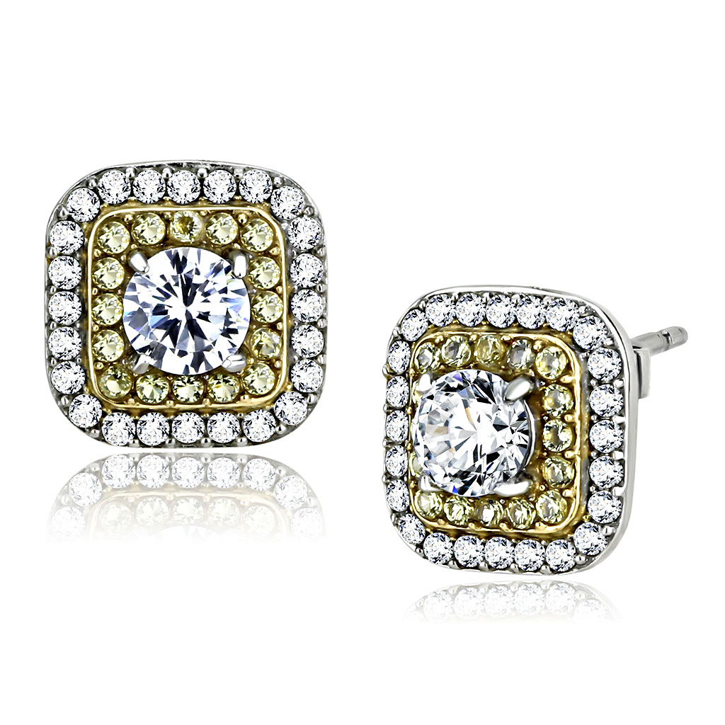DA220 - Two-Tone IP Gold (Ion Plating) Stainless Steel Earrings with AAA Grade CZ  in Clear - newlyTrend Premium Jewelry Store