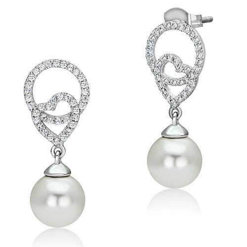 TS065 - Rhodium 925 Sterling Silver Earrings with Synthetic Pearl in White